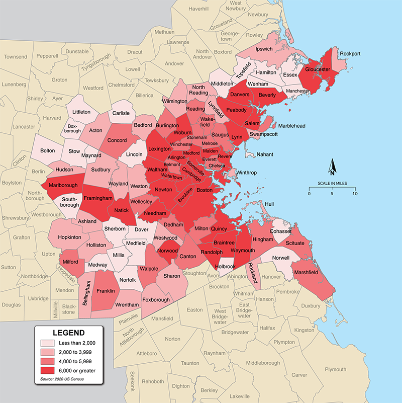 Figure 3-1 is a map that shows the population in the Boston region that is aged 65 or
older, by municipality.